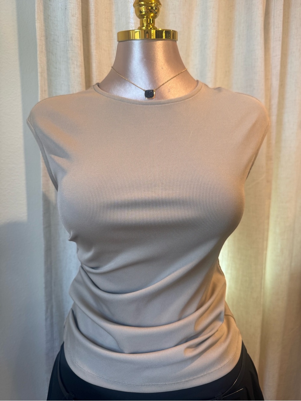 Ribbed Crewneck Tank Top in Light Beige